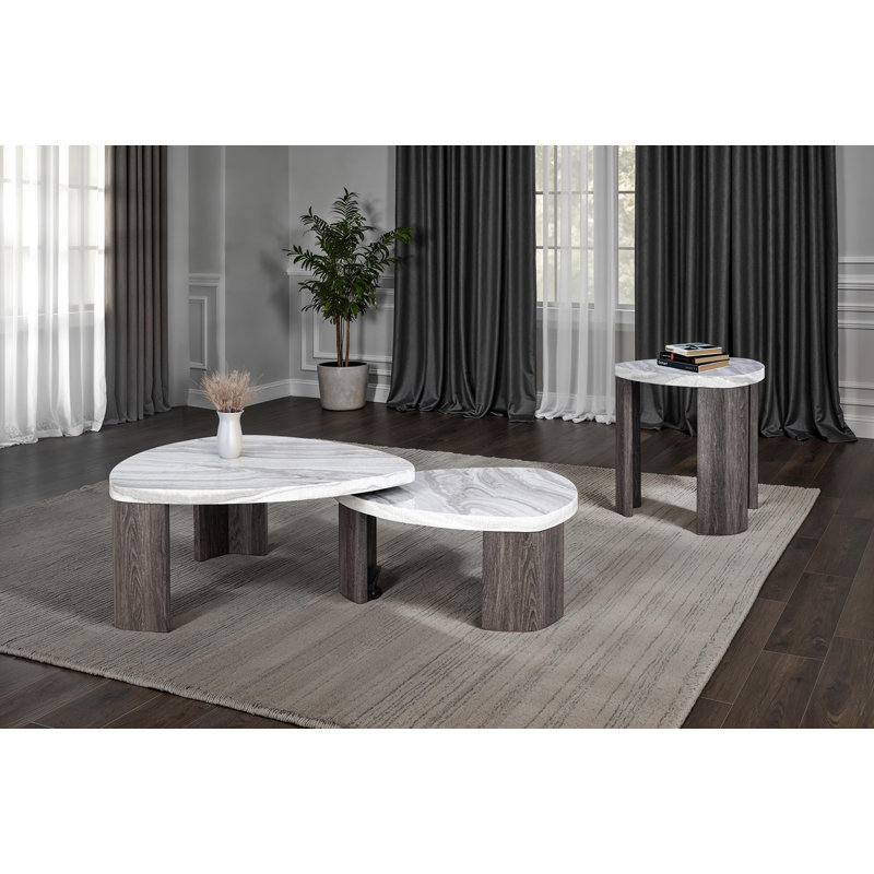 Ensemble de tables triangulaires 3 pièces de style contemporain 1 table basse gigogne 2 x table de bout en marbre