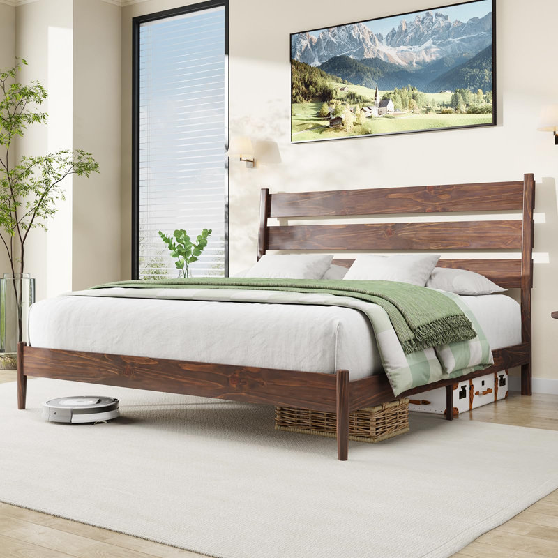 Base de lit en bois massif avec tête de lit ergonomique Flennory, Chocolat, Double