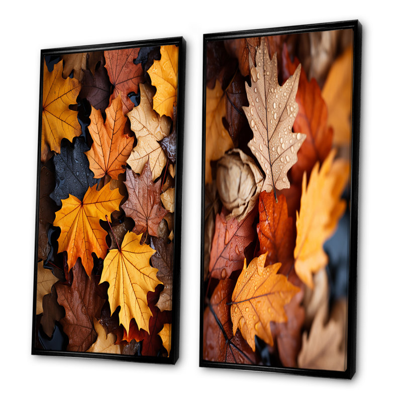 Ensemble de salon art mural jaune et orange feuilles d'automne Mapple I - 2 feuilles, Cadre flottant noir, H 32 po x l 33 po