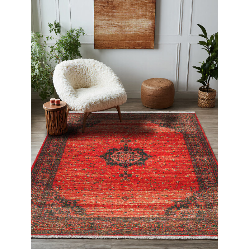 Tapis oriental rouge en polyester imprimé à la machine Susan, Rond 4 pi