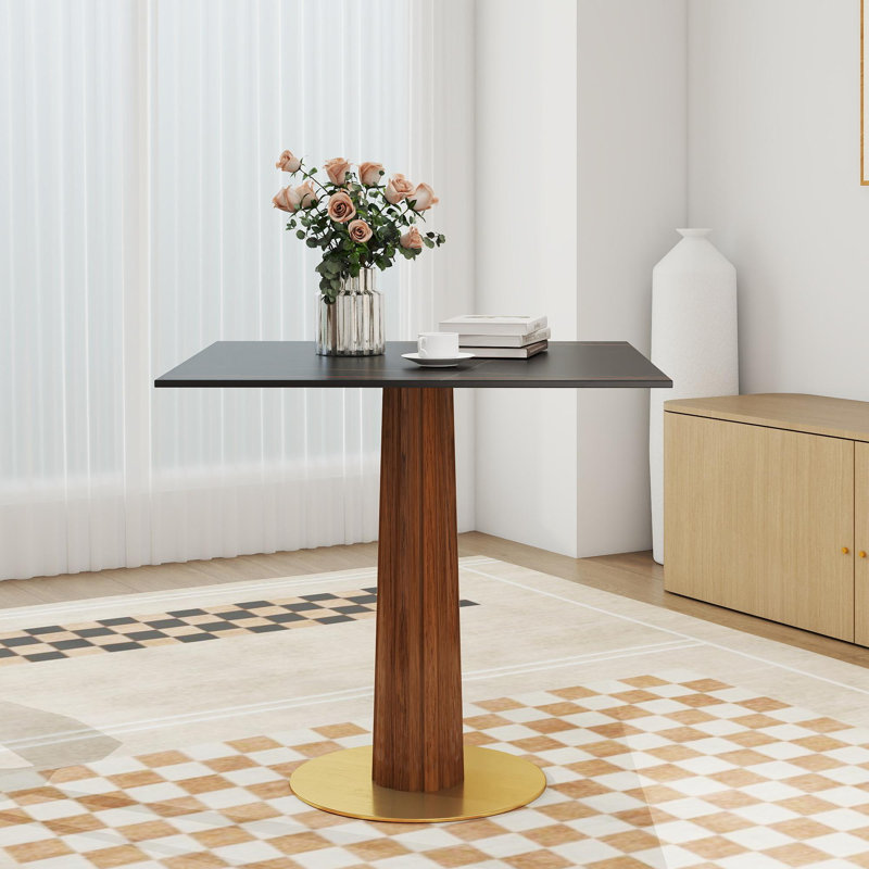 Modern Square Dining Table, 33.5" Sintered Stone Table with Wooden Leg & Gold Base, 2 - Person Kitchen Table for Small Space, 150lbs Weight Capacity(Only the Negotiation Table)