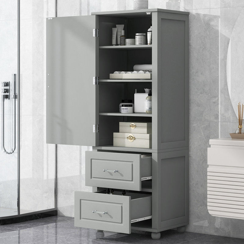 Grande armoire de rangement autoportante grise avec deux tiroirs et tablette réglable, panneau de fibres à densité moyenne peint