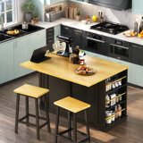 48-Inch Kitchen Island - Folding Kitchen Leaf + Electrical Outlet + 2 Bar Stools, 5-Wheel Rolling Kitchen Storage Cart With 5 Side Shelves
