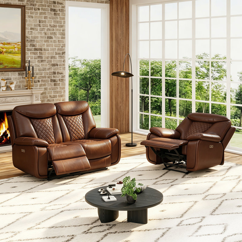 2 - Piece Breathable Leather Pillow Arm Power Reclining Living Room Set With Diamond Stitching USB, Classic Espresso