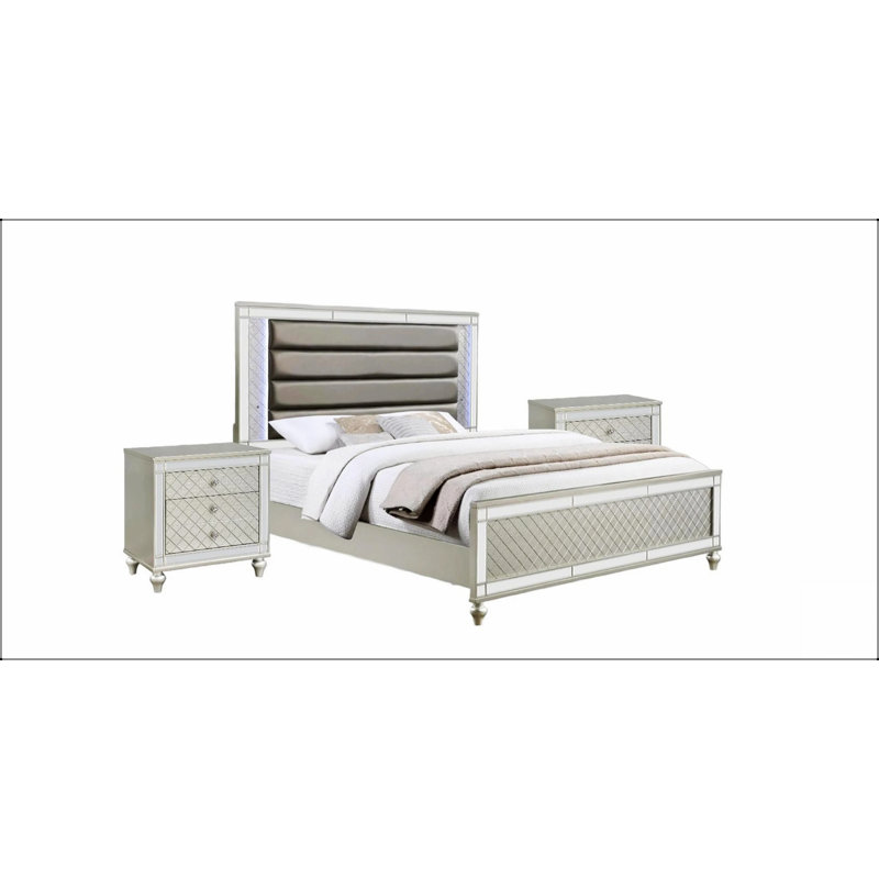 Table de chevet 2 tiroirs Glam avec façades à motif de losanges, parfaite pour ajouter de l'élégance à votre décor de chambre à coucher
