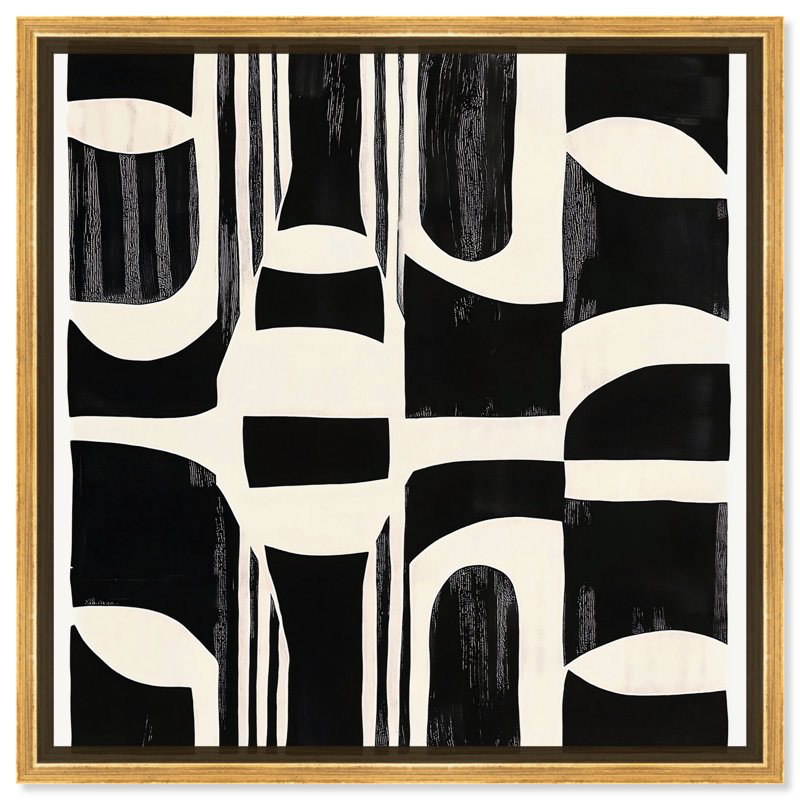 Art abstrait noir sur toile noir, Cadre doré, H 25 po x l 25 po