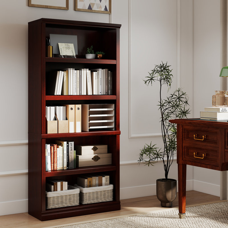 Bibliothèque à 2 niveaux 30 ", étagère de rangement pour bureau à domicile avec tablette réglable, Acajou