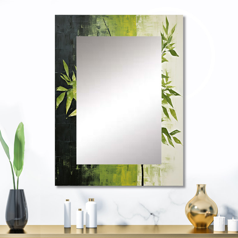 «Green Ferm Simple Collage II - Leaves Large Wall Mirror», miroir décoratif traditionnel, impression sur métal, 32 po x 24 po