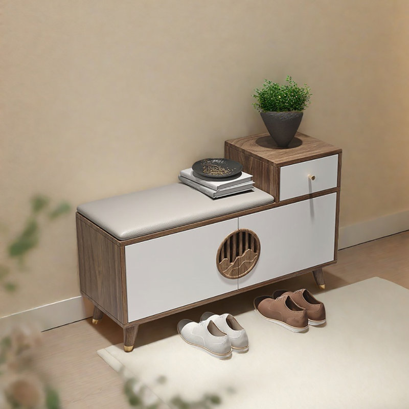 39.4in Multi-functional Shoe Storage Bench, White/Light Walnut
