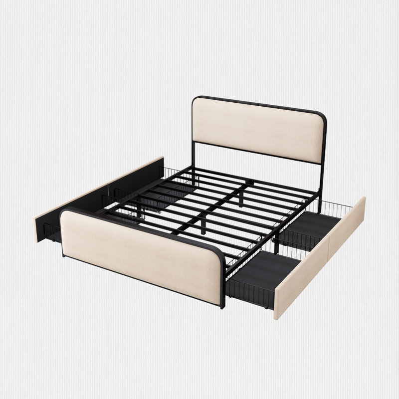 Upholstered Bed with Storage, Beige/Black, Queen