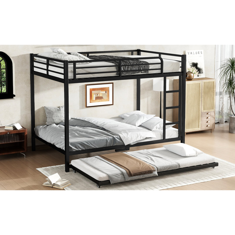 Full Over Metal Bunk Bed With Twin Trundle In Black - Metal, Noise Prevention Design, Under Storage Size Stable Structure, Coating, Guardrails