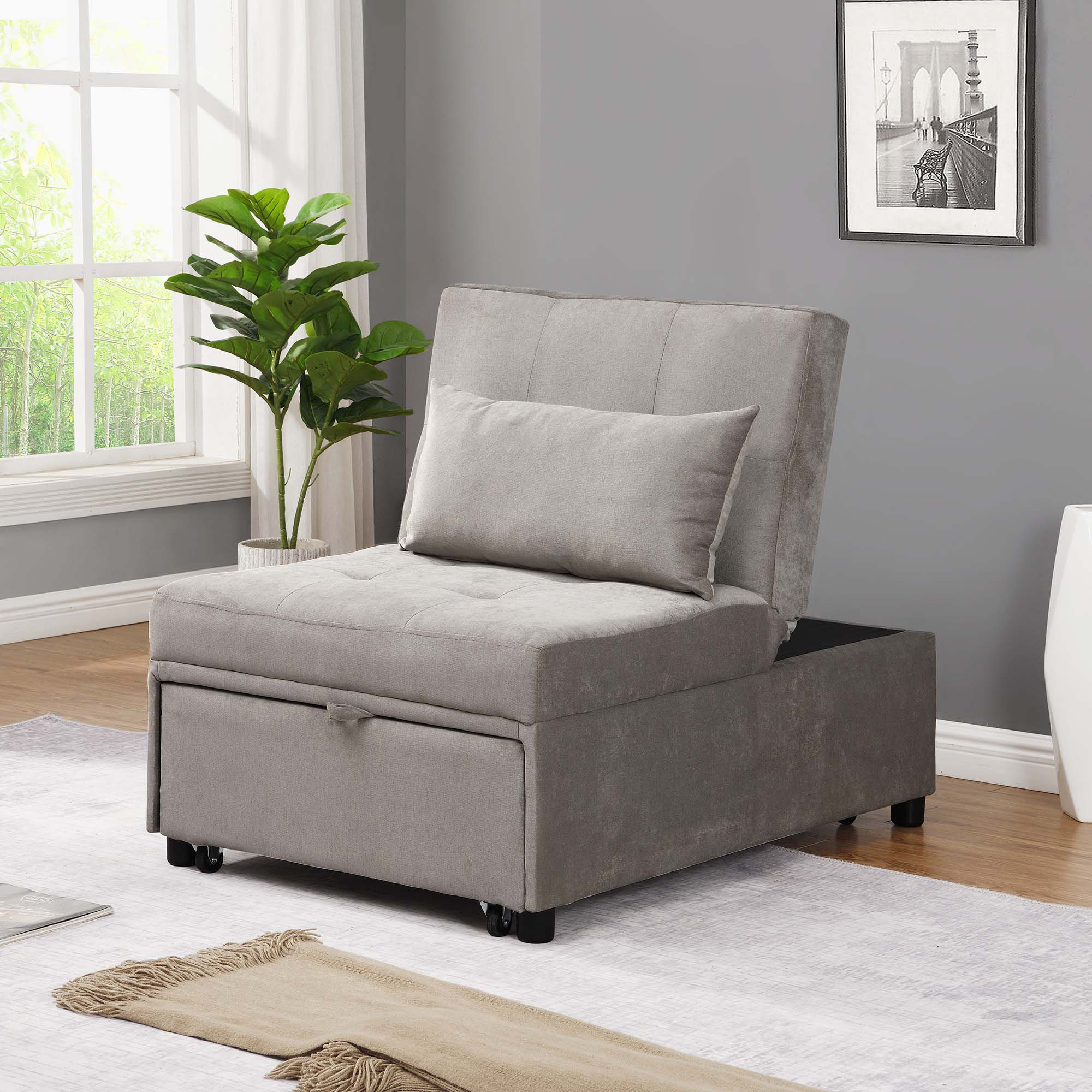 LIGHT GREY PILLOW TOP FUTON WITH REMOVABLE WASHABLE COVER