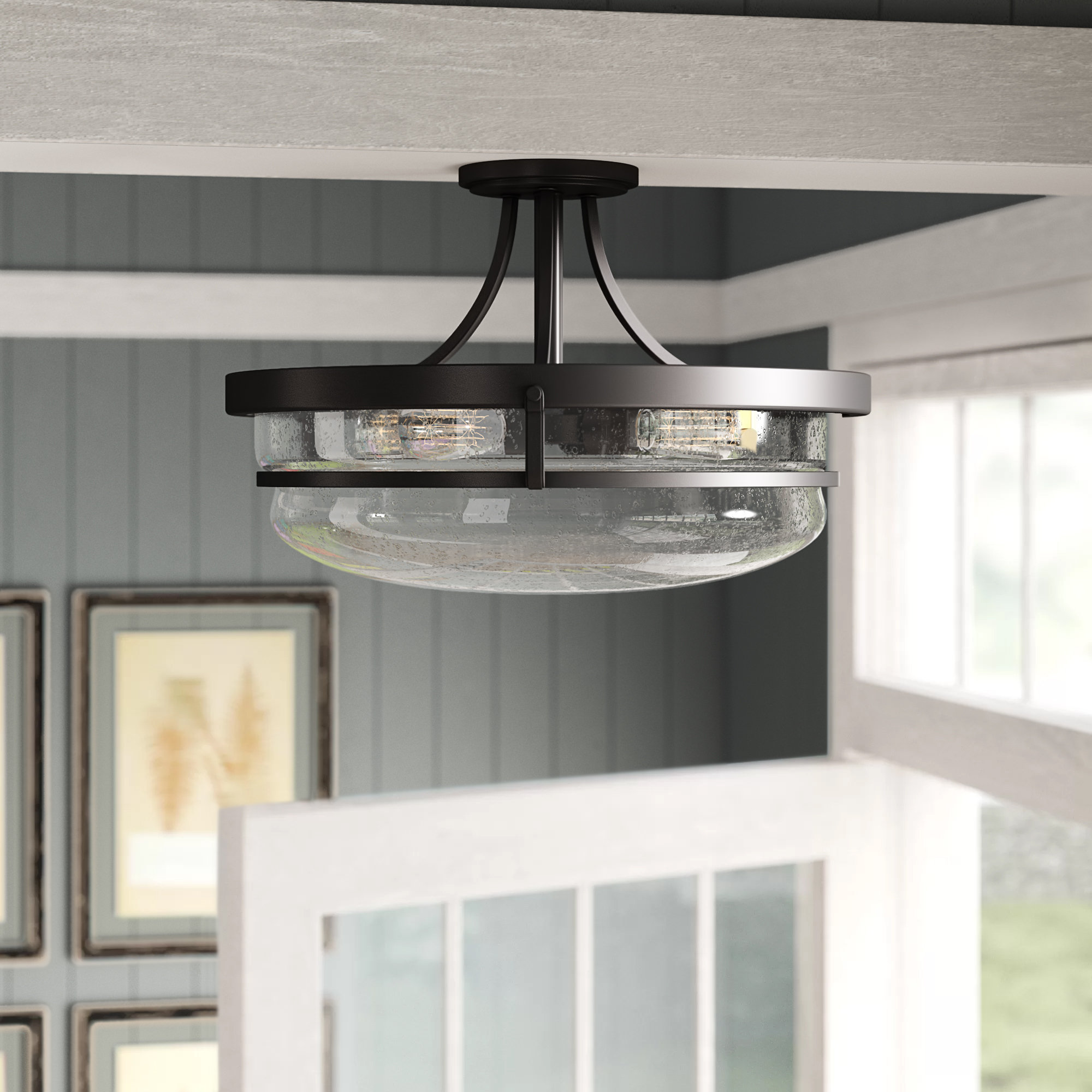 Glass Semi Flush Mount Light - 4 Lights Bronze