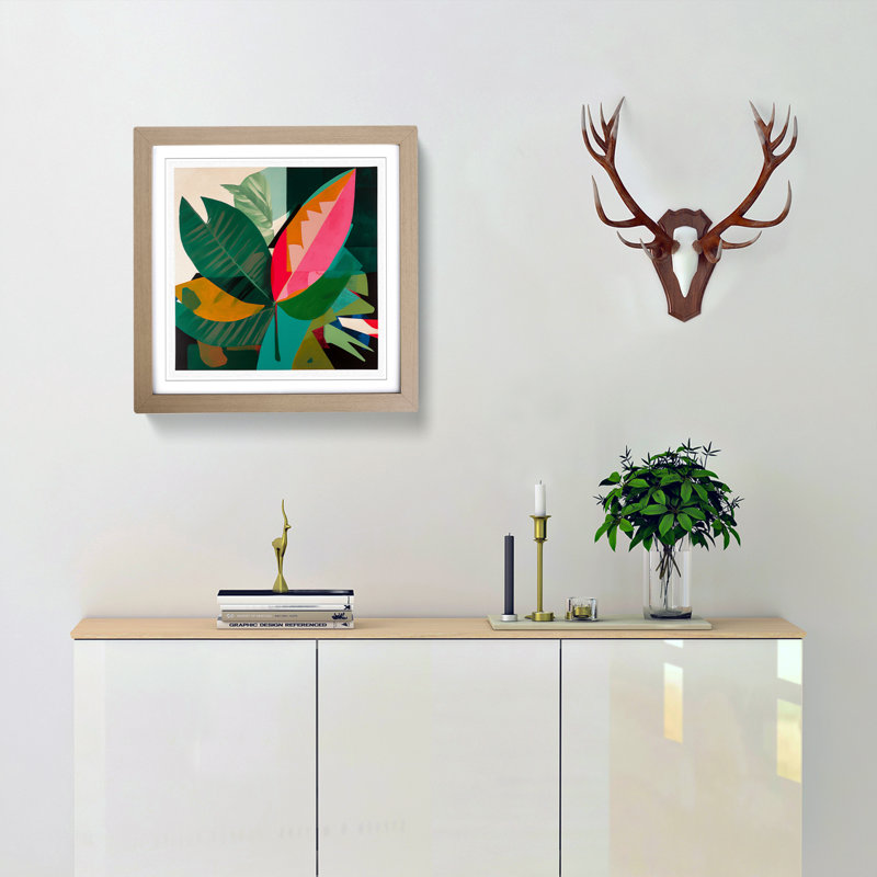 Tropical Leaf Suprematism - Single Picture Frame Print on Wood, Oak