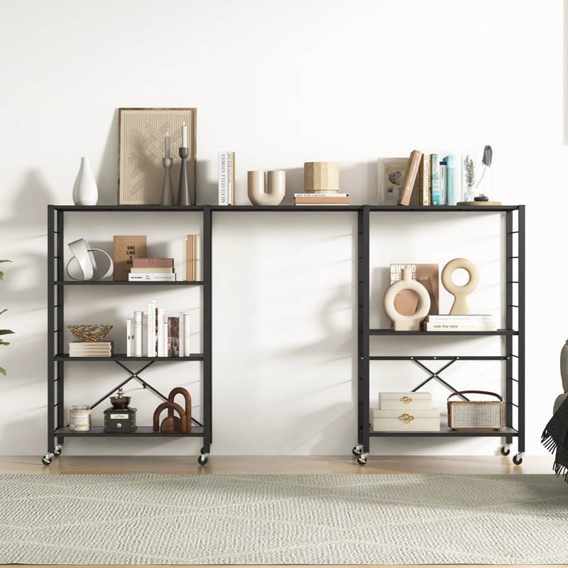 2pcs 4-Tier Foldable Storage Shelf Collapsible Shelving Unit Display w/ Lockable Wheels Storage Rack