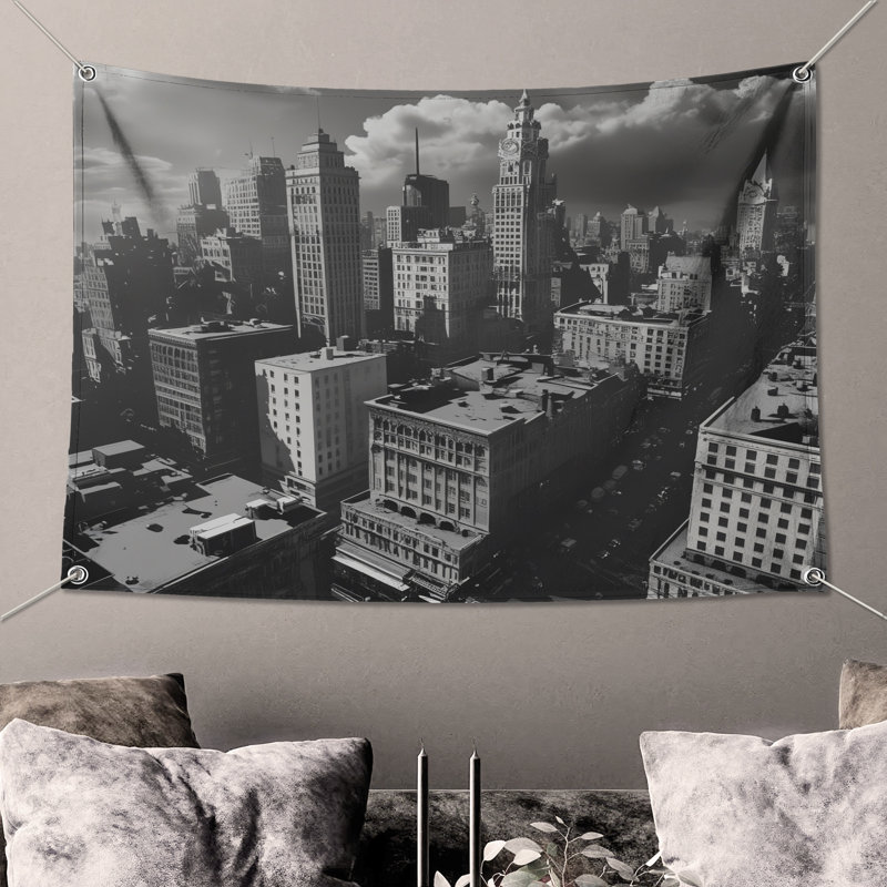 Tapisserie murale noire «Cityscape», 104 po H x 88 po avec 4 œillets