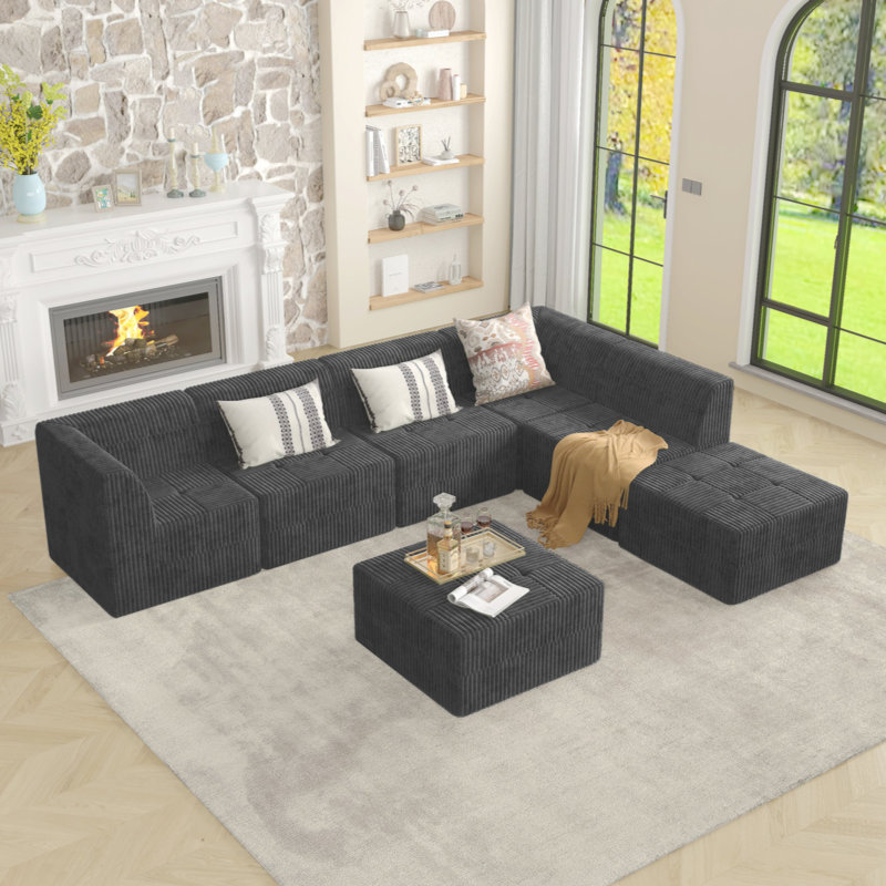 Repose-pieds pour canapé modulaire en velours côtelé, Noir, noir, noir, noir