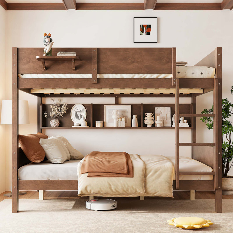 Lit superposé grand sur grand avec tablettes de rangement et plateau pratique, Brun rétro