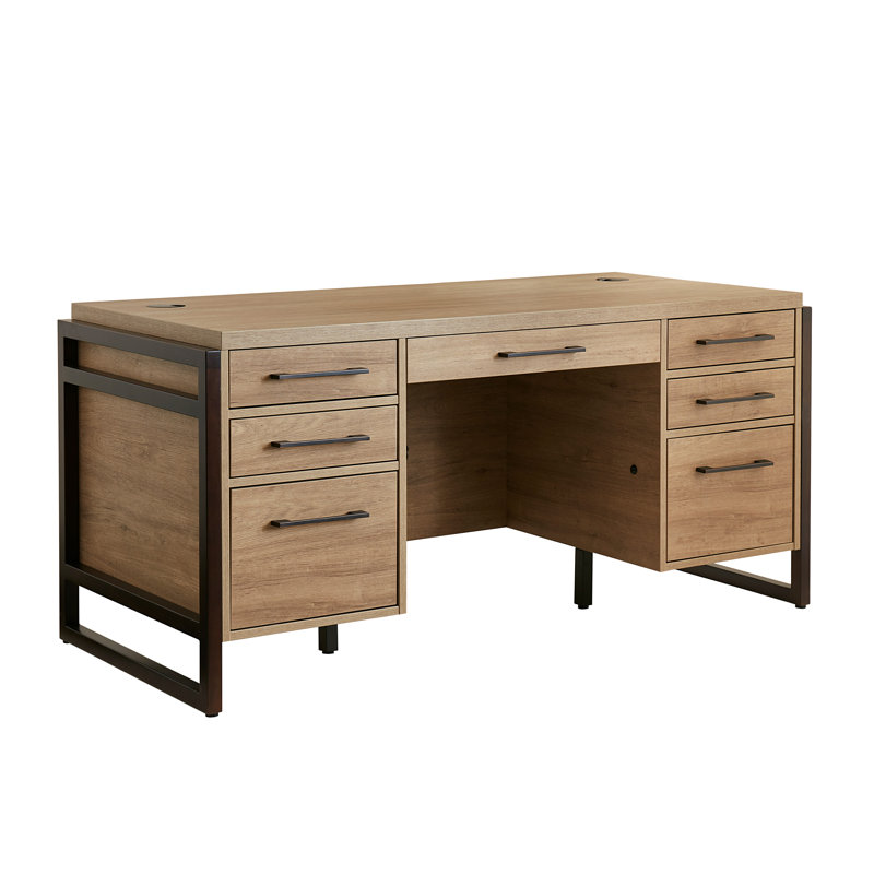 Aukse Executive Desk with Built-In Electrical Outlet, 31" H x 66'' W x 30" D, Light Brown/Black