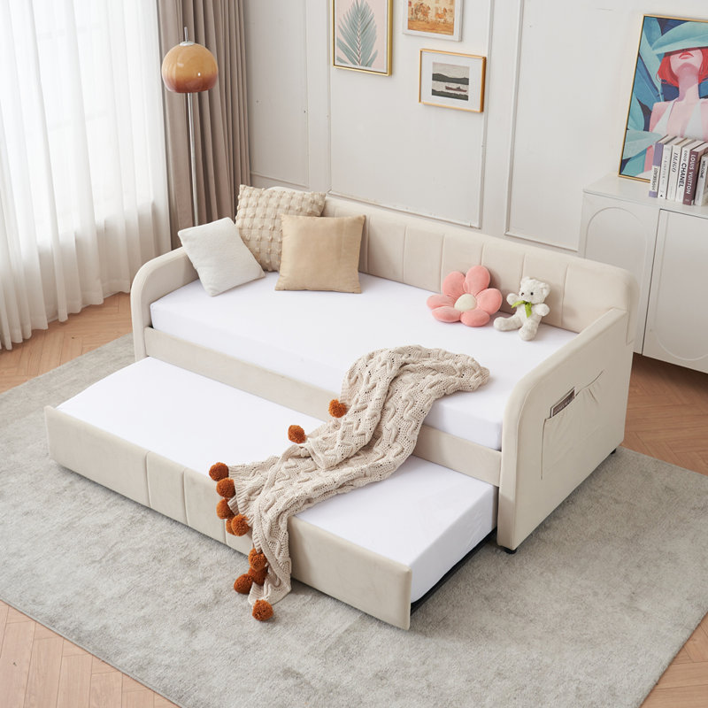 Twin Upholstered Daybed Frame with Trundle, Beige