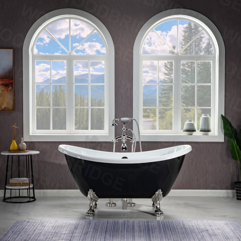 59" x 28" Clawfoot Soaking Acrylic Bathtub, Black, Brushed Nickel