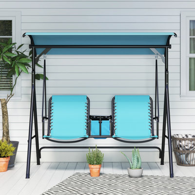 Balancelle pour 2 personnes avec auvent, table de rangement, porte-gobelet, bleu