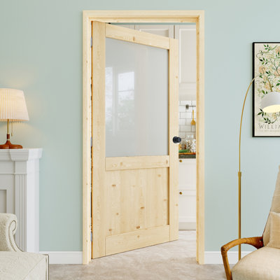 Porte intérieure pré-suspendue en bois de pin et verre givré 32 po x 80 po avec bouton rond et charnières argentées, dalle de porte d'intimité en verre, peint et imperméable, combinaison pour la lessive, portes de placard, portes de chambre, main gauche