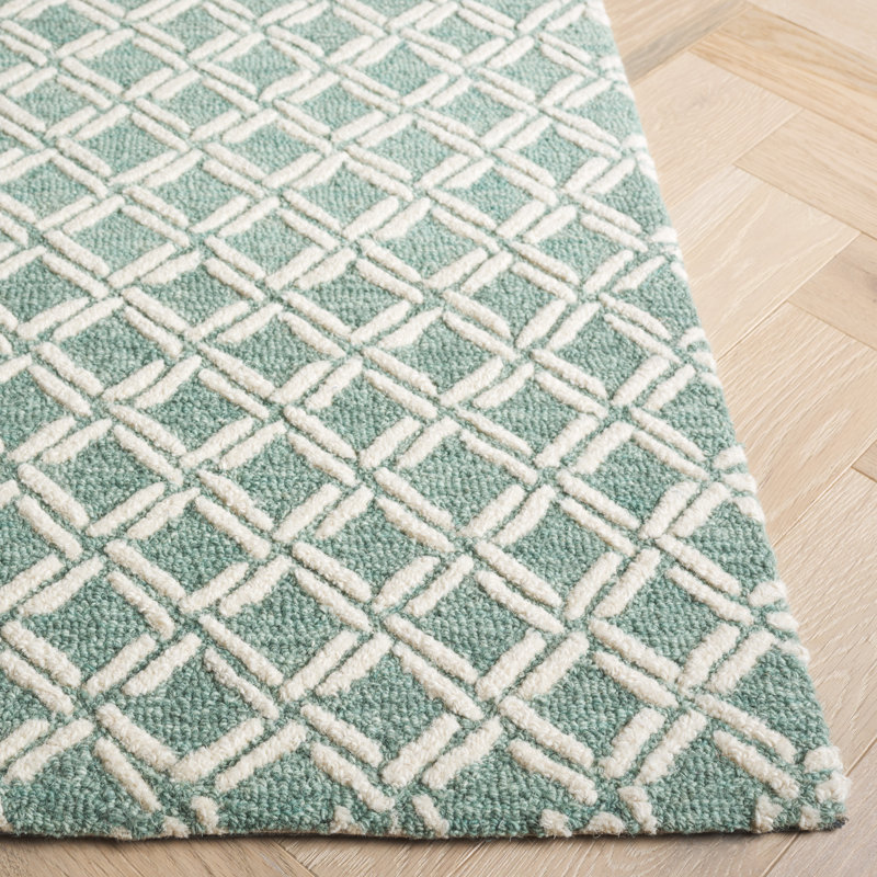 Ivory and Light Blue Geometric Handmade Wool Tufted Rug 4' x 6'