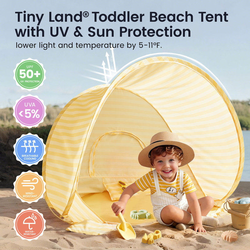 Tiny Land One-Stop Beach Toy & Tent Set - Pastel Yellow Stripes, Yellow