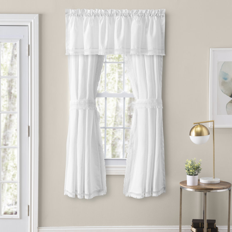 White Polyester Rod Pocket Tailored Valance with Brush Fringe