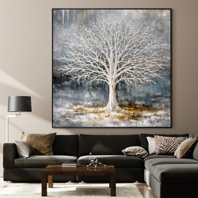 Très grand art mural imprimé sur tissu - Arbre blanc hivernal élégant avec des accents dorés subtils, décoration murale inspirée de la forêt minimaliste pour le salon ou la chambre à coucher - Assemblage requis