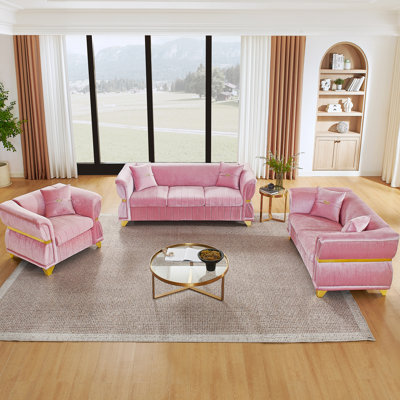 Ensemble de canapé moderne en velours 3 pièces pour le salon, ensemble de canapé rembourré avec garniture en métal doré, pieds fuselés dorés et accoudoirs courbés, avec fauteuil, causeuse et canapé 3 places, rose