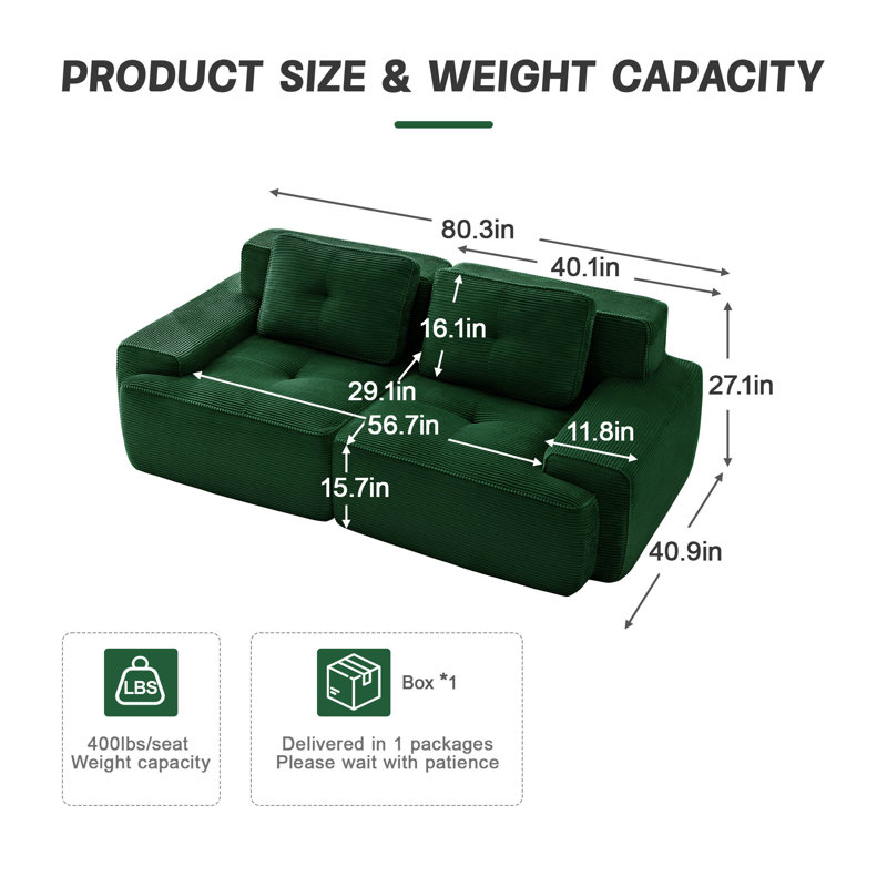 Canapé en velours côtelé 80 po, 80.3" W x 27.1"H x 40.9"D, Vert