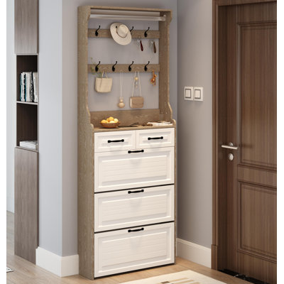 Modern Multifunctional Wooden Shoe Cabinet With 3 Doors, 2 Drawers, And 8 Hooks, Providing Ample Storage Space, For Entryway