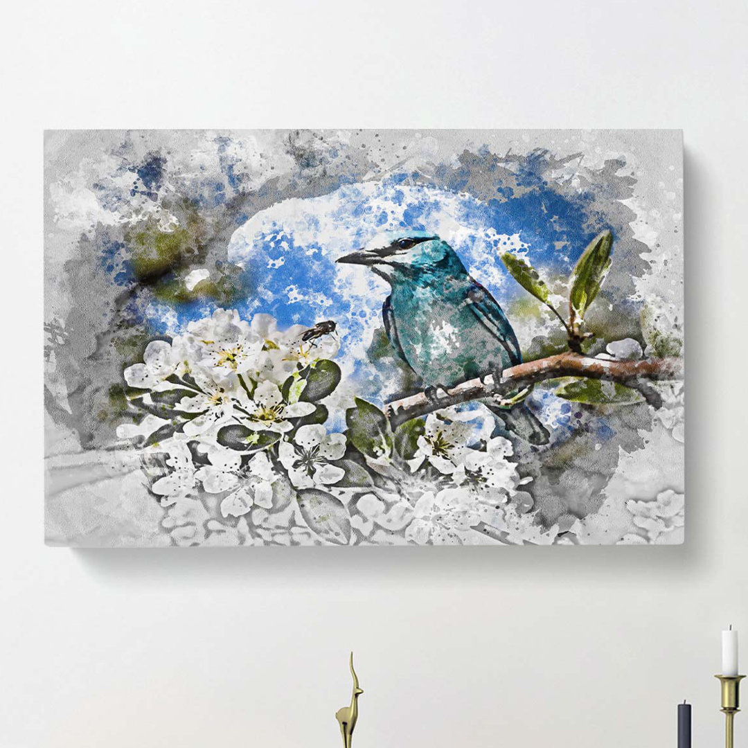 Blue Bird & Cherry Blossom Tree in Abstract - Wrapped Canvas