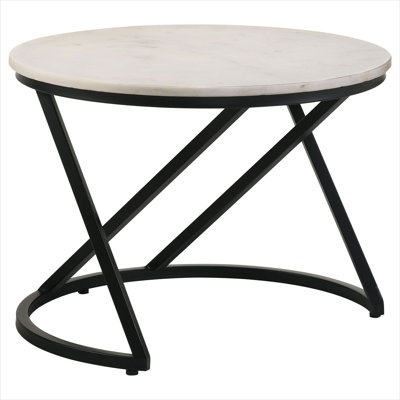 White-Toned Marble Top Round Coffee Table with Black Metal Base for Modern Living Spaces