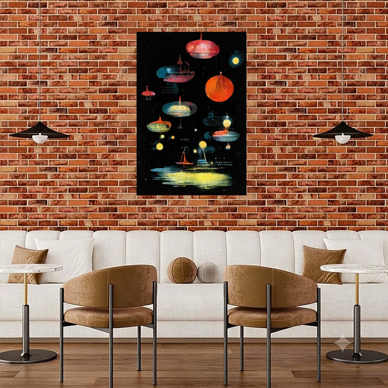 Lanternes, paysage contemporain abstrait, reproduction d'art murale, H 48 po x l 32 po