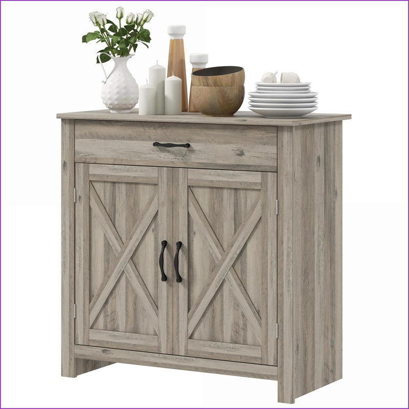 Sideboard Farmhouse Gray Wash Buffet Cabinet with Barn Doors, Drawer &amp; Adjustable Shelf | MDF | Particleboard, Gray Wash