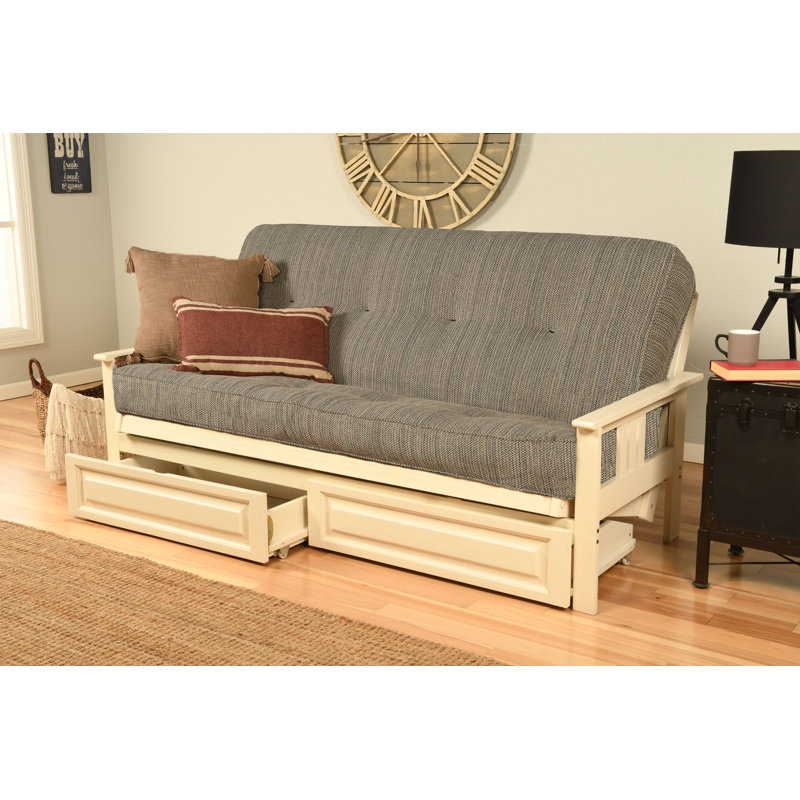 Stratford Full-Size Futon Frame Includes Storage Drawers and Mattress, Antique White, Taxi Seaport, Innerspring