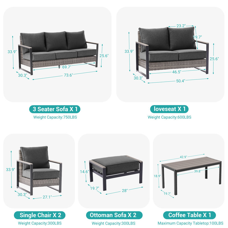 7 Piece Patio Conversation Sofa Set, Black Gray