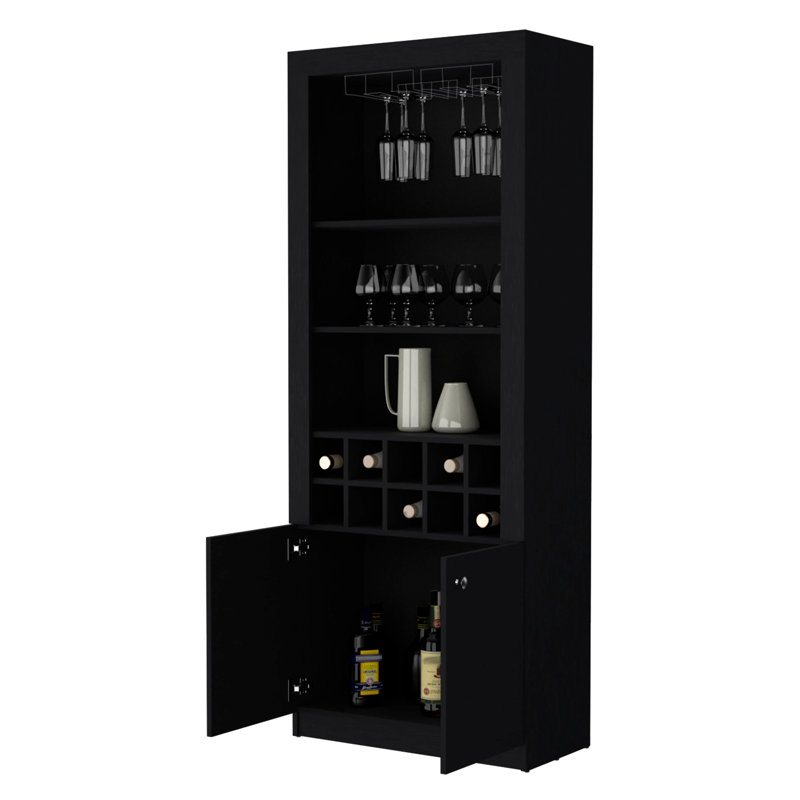 Meuble-bar noir avec rangement fonctionnel: 3 tablettes pour verres et mélangeurs, tablettes à vin, s'adapte aux pièces compactes, ajoute un attrait: verrerie de conception