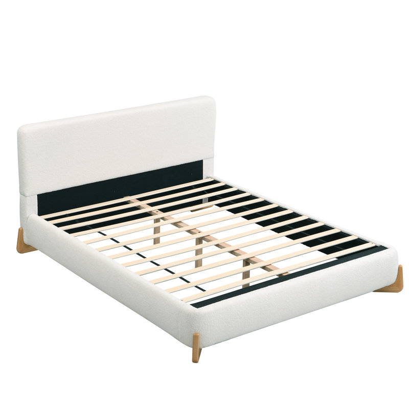 Lit élégant Bhodi avec pieds en bois et tissu confortable, Grand lit