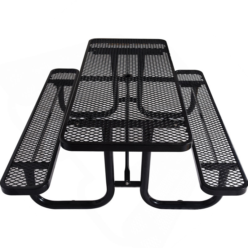 6 pi Table de pique-nique rectangulaire en acier pour l'extérieur, avec mât de parasol