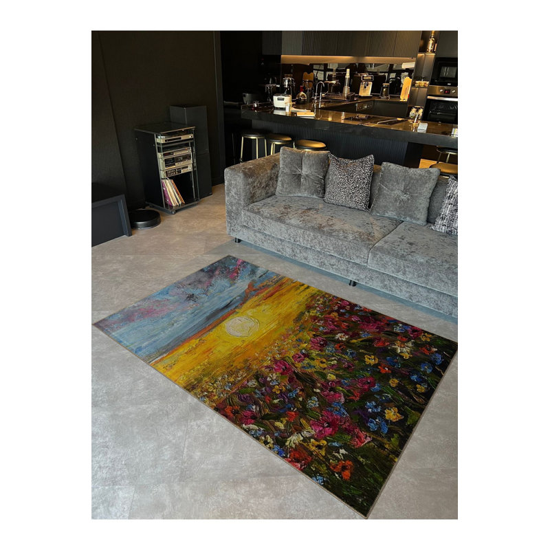 Tapis décoratif multicolore pastel à motif abstrait soleil et jardin, Sous-tapis rectangulaire 2 pi 6 po x 4 pi 11 po