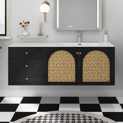 60 po L 20,47 po P x 21,85 po Meuble-lavabo mural simple H en chêne foncé avec lavabo en alliage d'aluminium blanc