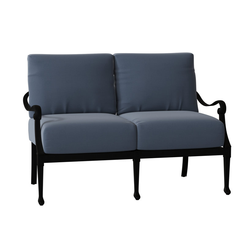 Wiltshire 49.3'' Wide Aluminum Loveseat with Cushions, Pewter, Spectrum Denim Sunbrella® Plainweave