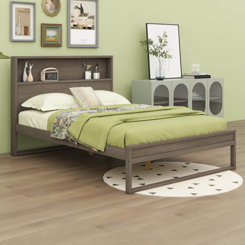 Lit plateforme avec tête de lit, prises et ports USB, lit de rangement, cadre de lit , Gris antique, Double