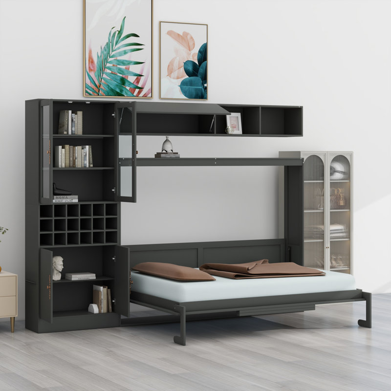 Lit escamotable mural avec canapé, tablettes USB et lumière Murphy, Double , Gris