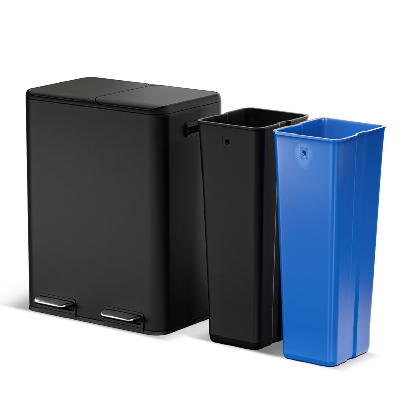 Poubelle de cuisine en acier inoxydable 16 gallons avec deux compartiments avec pédales et couvercles à fermeture en douceur Home Zone Living