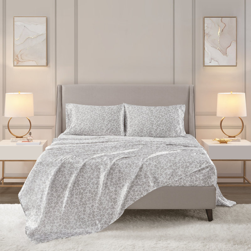 Printed Satin Wrinkle Resistant Luxury Sheet Set, Gray Leopard, King Sheet Set + 2 Standard Pillowcases